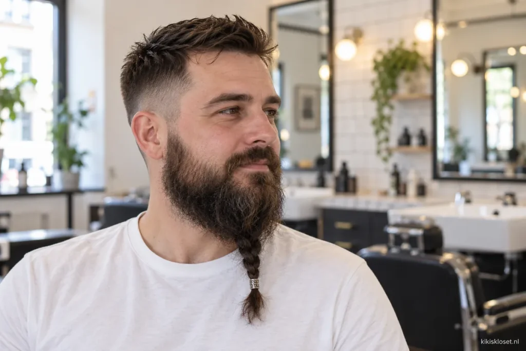 Baard vlechten: man met een gevlochten baard in de kapperszaak