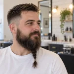 Baard vlechten: man met een gevlochten baard in de kapperszaak