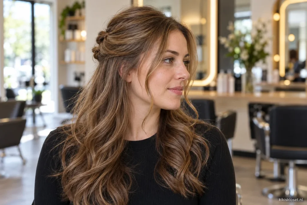 Half opgestoken haar met krullen: voor, zij en achter