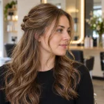 Half opgestoken haar met krullen: voor, zij en achter