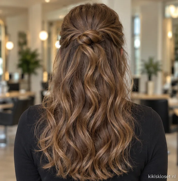 Half opgestoken haar met krullen: van achteren