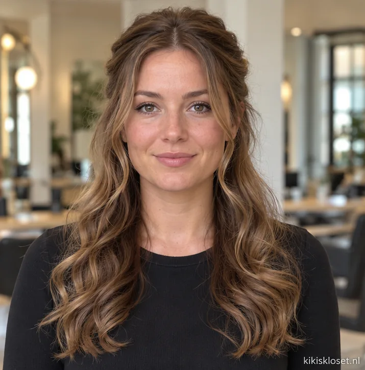 Half opgestoken haar met krullen: van voren