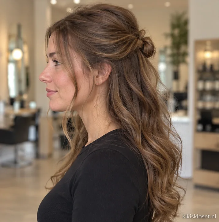 Half opgestoken haar met krullen: van opzij