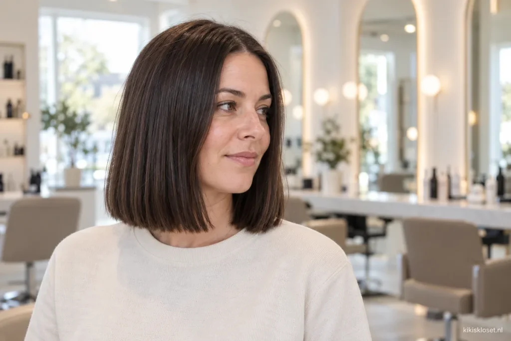 Halflange kapsels voor steil haar: rechte bob op schouderlengte in de salon