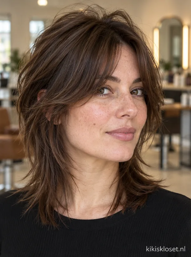Halflang kapsel voor steil haar: wolf cut met curtain bangs