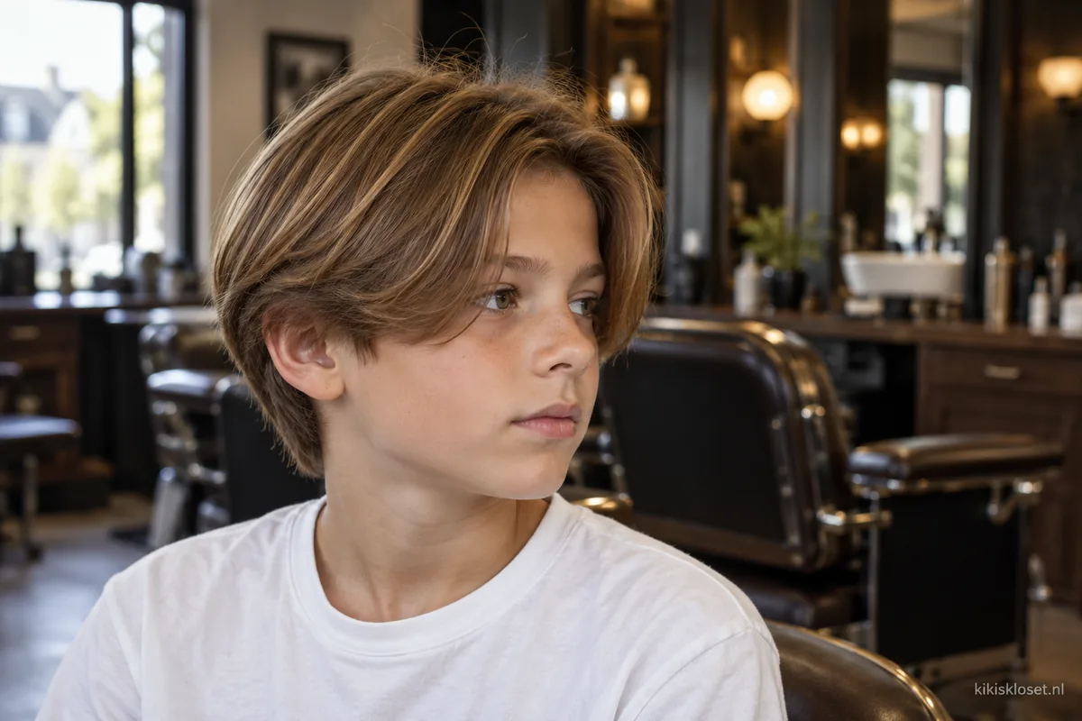Jongen met een half lang kapsel met laagjes en een zijscheiding