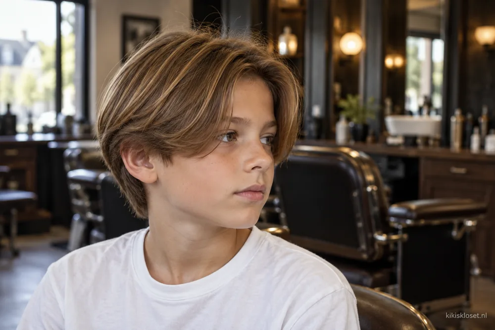 Jongen met een half lang kapsel met laagjes en een zijscheiding