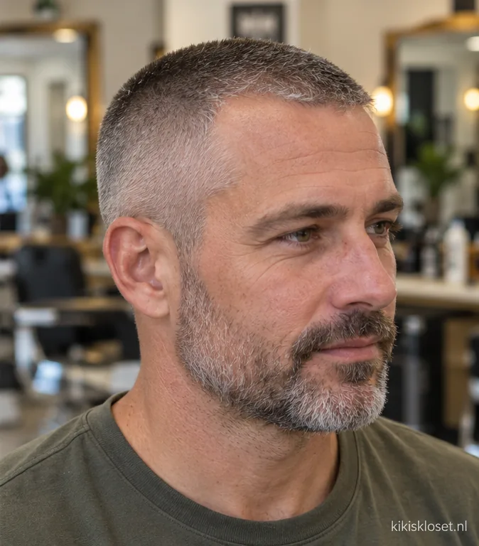 Kort haar met baard: grijze buzzcut met korte baard