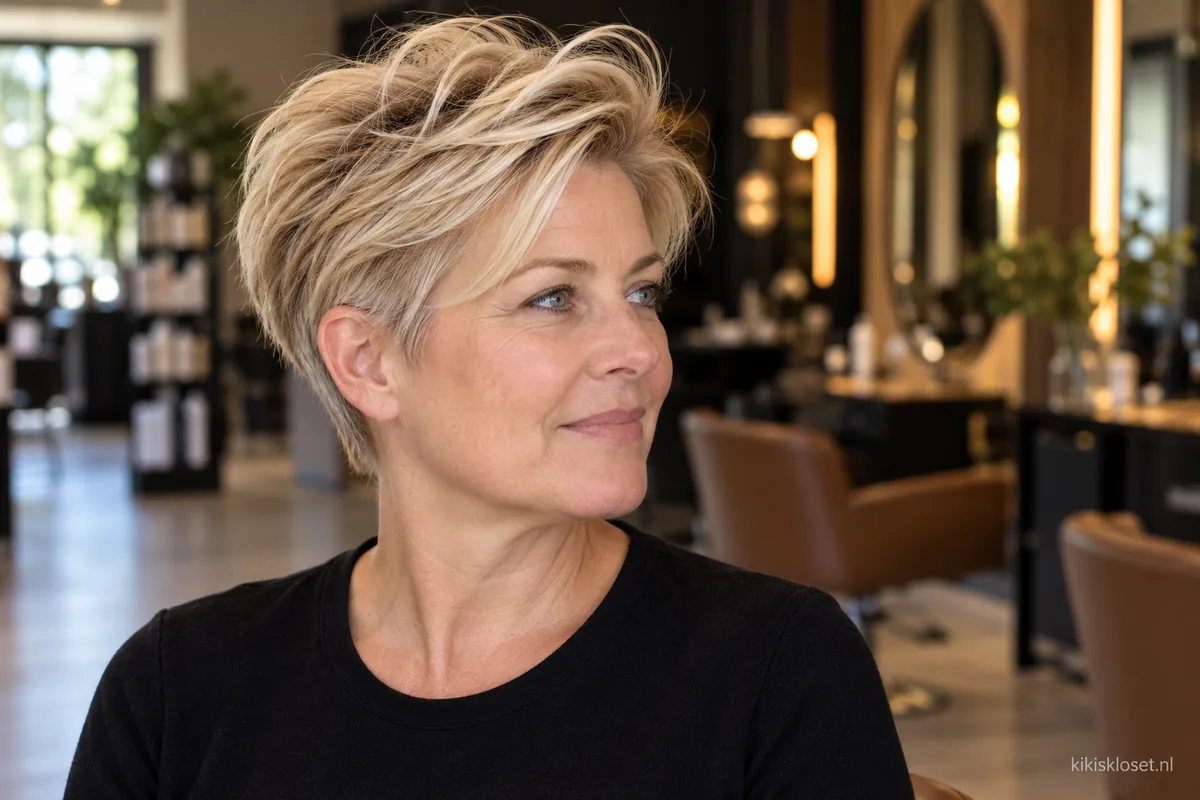 Korte kapsels met volume: blonde pixie met volume bovenop in de salon
