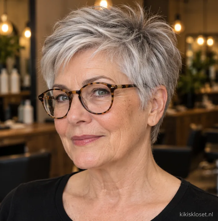 Korte kapsels oudere dames met bril: pixie met rond montuur