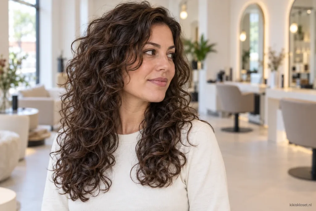 Lang haar met krullen en laagjes: lange donkere krullen in de salon