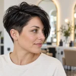 Pittige korte donkere kapsels: donkere pixie met een langere lok in de salon