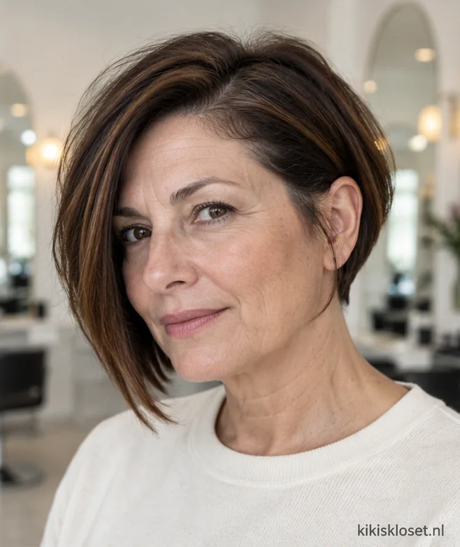 Pittig kort donker kapsel: asymmetrische bob