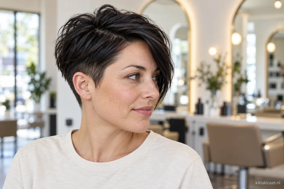 Pittige korte donkere kapsels: donkere pixie met een langere lok in de salon