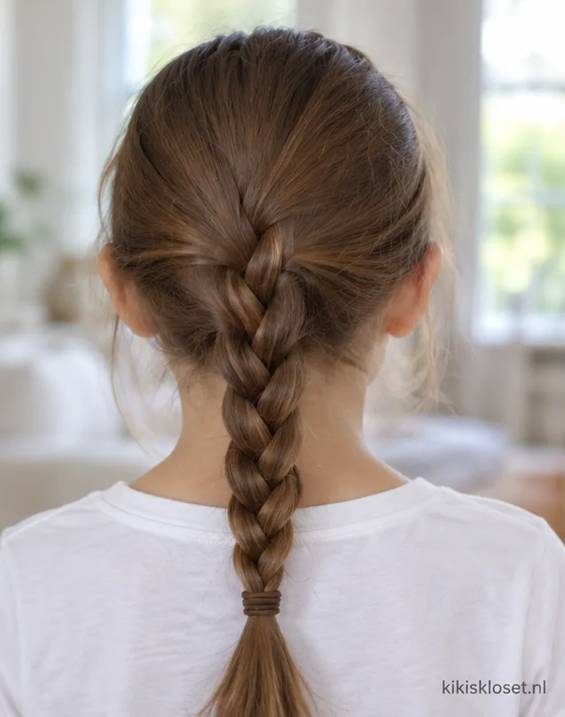 Vlechten bij een kind: enkele vlecht met drie strengen, van achteren