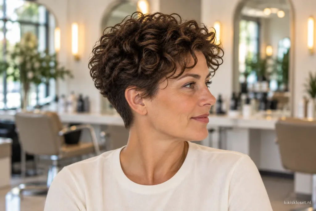 Vlotte korte kapsels krullend haar: voor, zij en achter