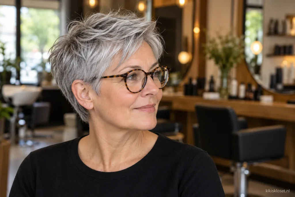 Zeer korte kapsels voor dames met bril: grijze pixie met een rond montuur