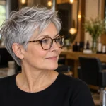 Zeer korte kapsels voor dames met bril: grijze pixie met een rond montuur