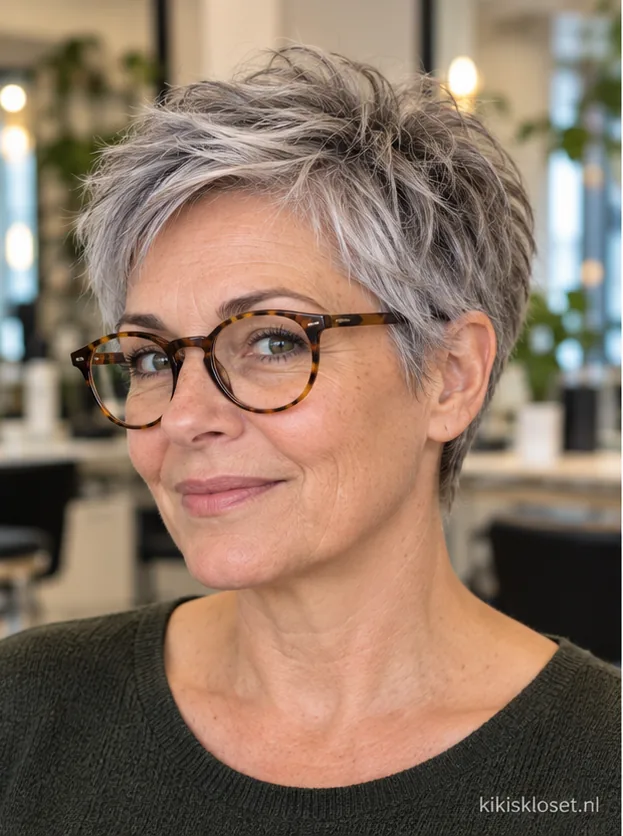 Zeer kort kapsel voor dames met bril: pixie cut
