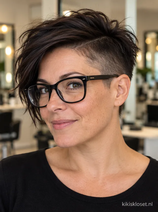 Zeer kort kapsel voor dames met bril: undercut met langere bovenkant